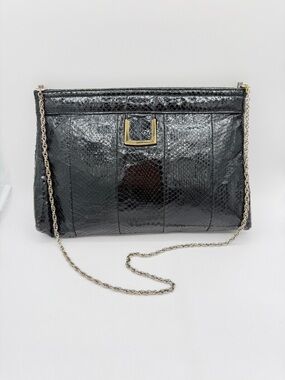 Vintage Black Snakeskin Purse With Gold Tone Accents And Chain Strap